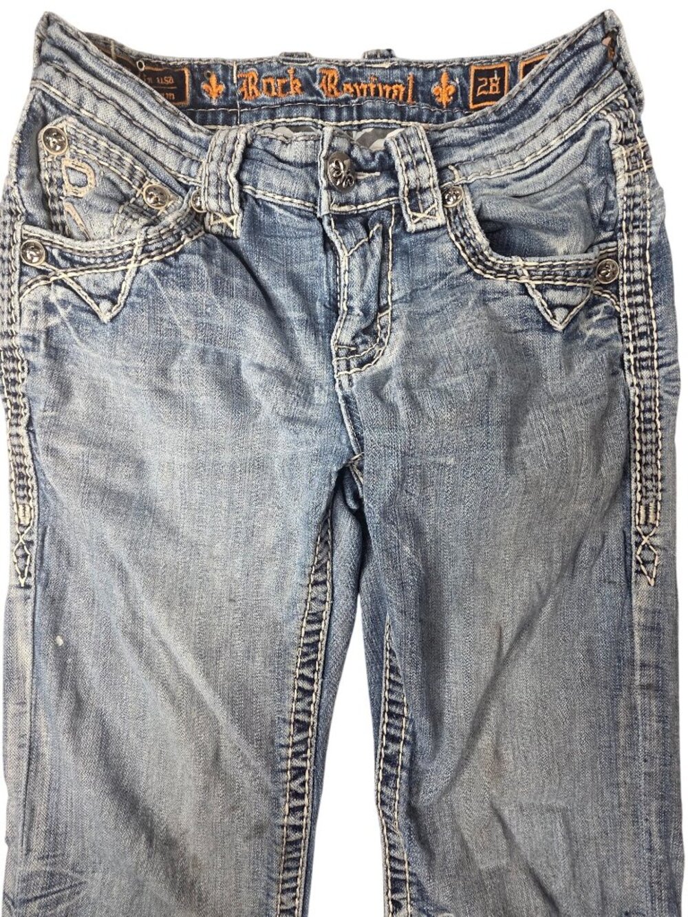 Rock Revival Baxter Slim Bootcut Jeans Size 28 With Embroidered Pockets